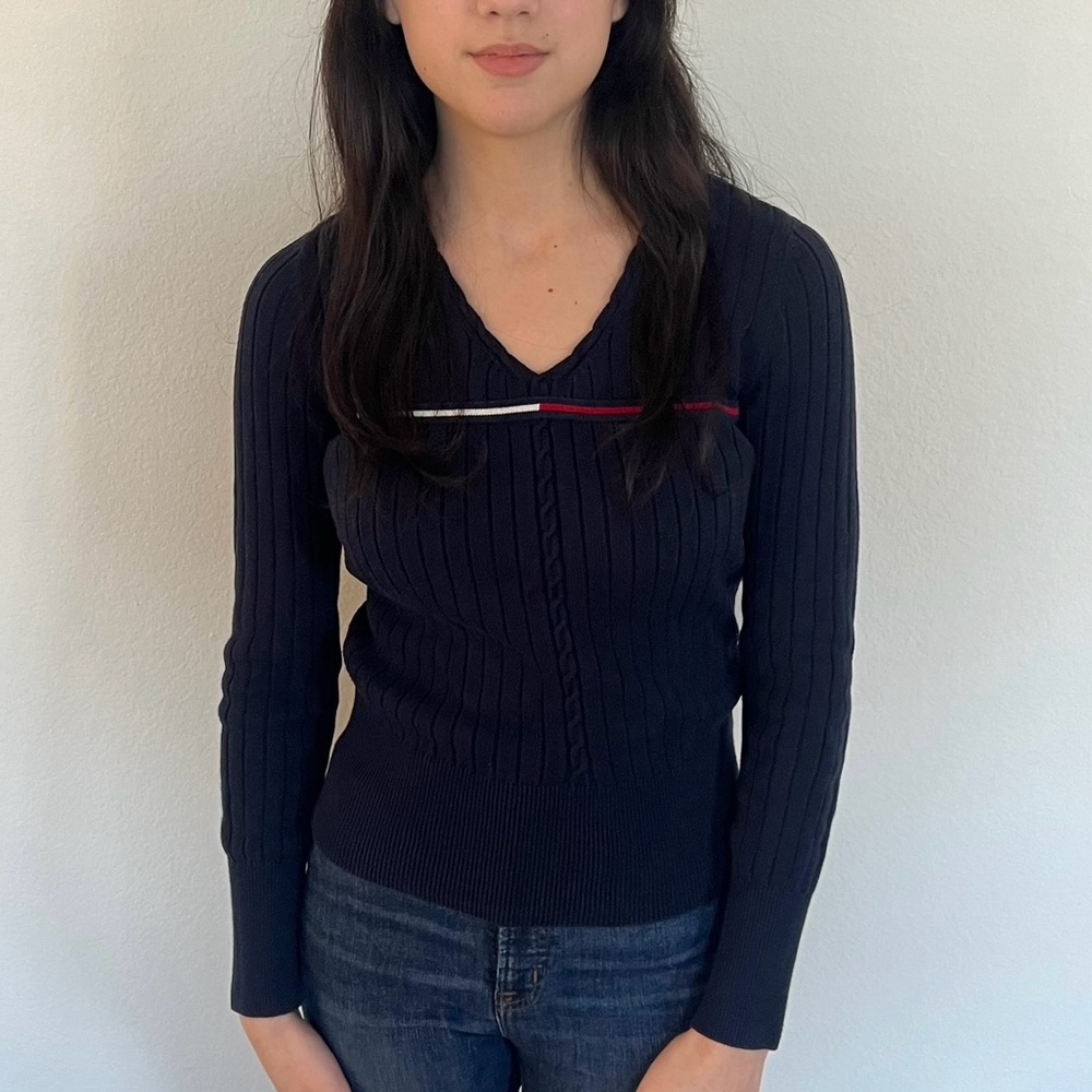 Tommy Hilfiger V-Neck Navy Ribbed Cotton Sweater XS Classic Old Money